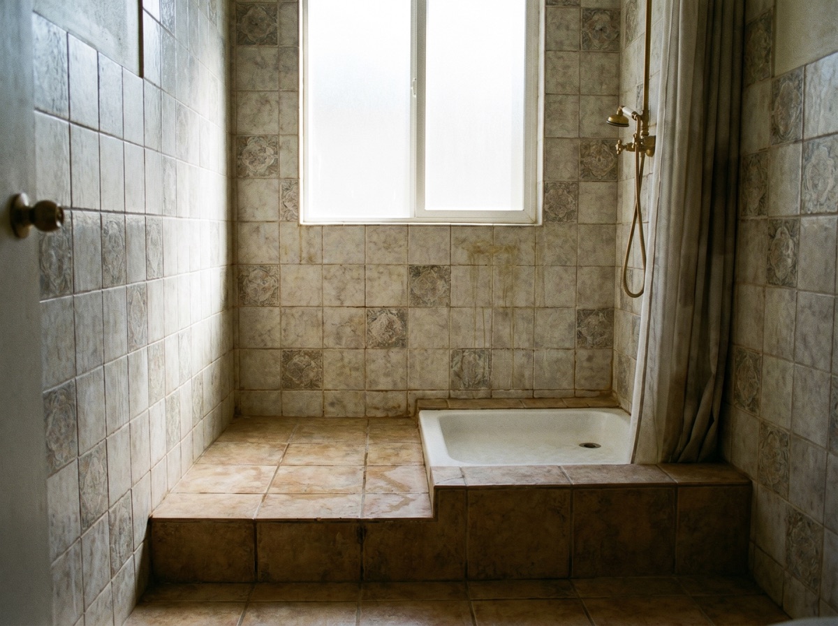 Dusche mit hohem Einstieg vor dem Umbau